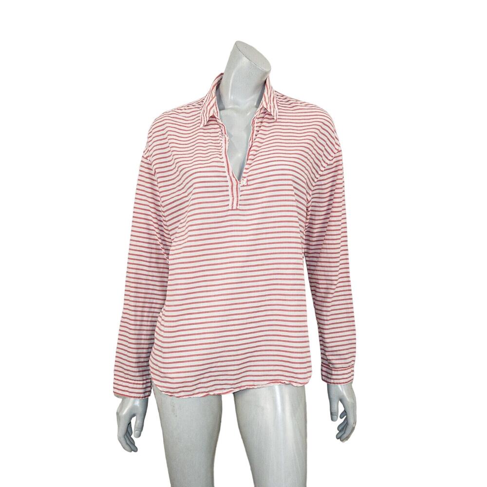 XiRENA women's Long Sleeve Pullover Blouse white with Red stripes